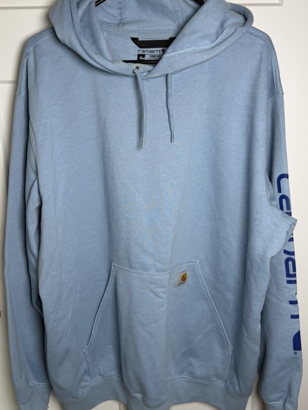Carhartt K288 Hoodie Mens XL Light Blue Logo Sleeve Loose Fit Unisex Sweatshirt